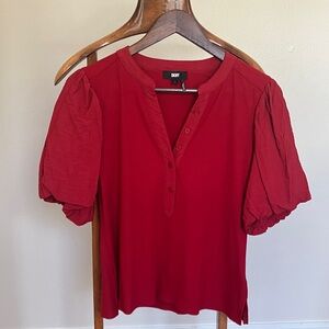 DKNY Red Button-Up Puff Sleeve Blouse
